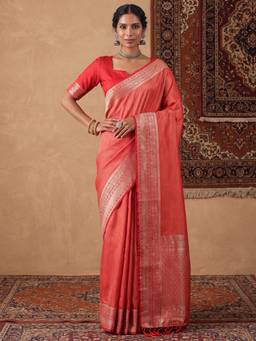 Nyri - Womens Satin Silk Peach Woven Design Saree with Unstitched Blouse