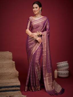 Nyri - Womens Viscose Silk Magenta Woven Design Saree with Unstitched Blouse