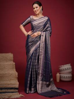Nyri - Womens Viscose Silk Navy Blue Woven Design Saree with Unstitched Blouse