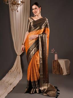 Nyri - Womens Viscose Silk Orange Woven Design Saree with Unstitched Blouse