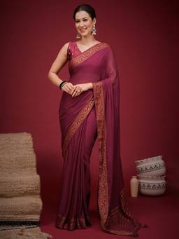 Nyri - Womens Mysore Silk Magenta Woven Design Saree with Unstitched Blouse