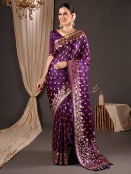 Nyri - Womens Silk Blend Purple Woven Design Saree with Unstitched Blouse