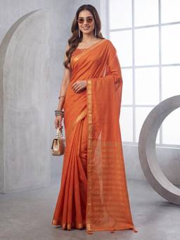 Nyri - Womens Mysore Silk Orange Woven Design Saree with Unstitched Blouse