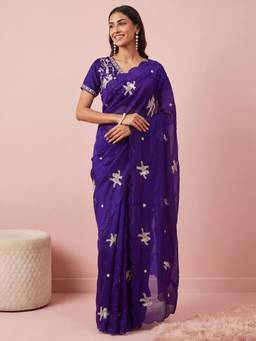 Nyri - Womens Satin Purple Embellished Saree with Unstitched Blouse