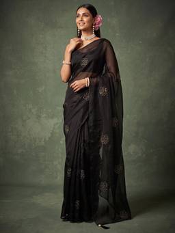 Nyri - Womens Satin Black Embellished Saree with Unstitched Blouse