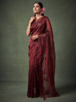 Nyri - Womens Satin Maroon Embellished Saree with Unstitched Blouse