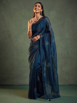 Nyri - Womens Satin Teal Blue Embellished Saree with Unstitched Blouse
