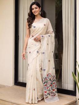 Nyri - Womens Cotton Cream Woven Design Saree with Unstitched Blouse