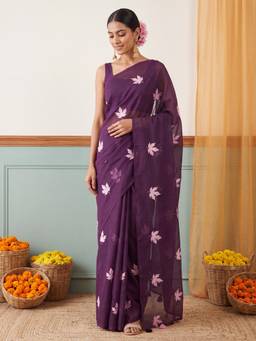 Nyri - Womens Kota Doria Cotton Wine Embroidered Saree with Unstitched Blouse