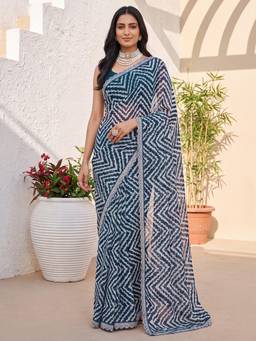 Nyri - Womens Georgette Teal Blue Printed Saree with Unstitched Blouse