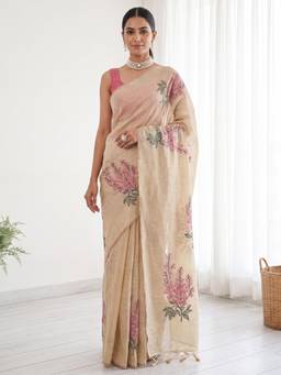 Nyri - Womens Cotton Linen Cream Woven Design Saree with Unstitched Blouse