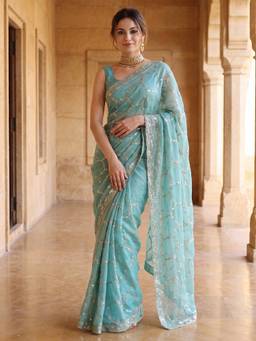 Nyri - Womens Satin Light Turquoise Zari Embroidered Saree with Unstitched Blouse