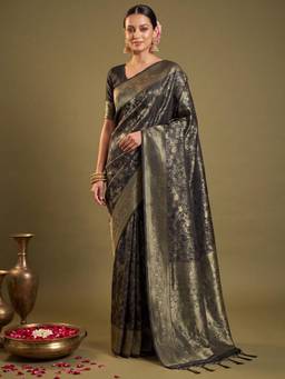 Nyri - Womens Kanjeevaram Silk Black Woven Design Saree with Unstitched Blouse
