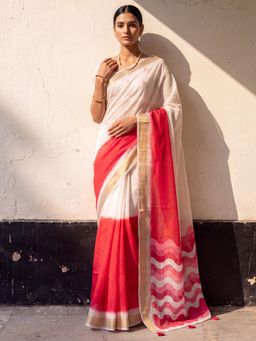 Nyri - Womens Linen Red Printed Saree with Unstitched Blouse