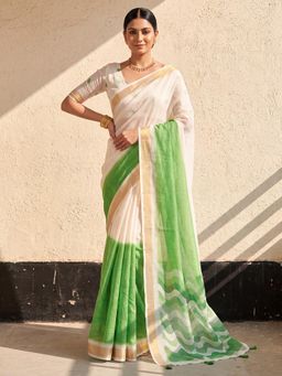 Nyri - Womens Linen Light Green Printed Saree with Unstitched Blouse