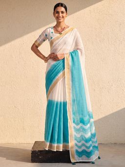 Nyri - Womens Linen Light Blue Printed Saree with Unstitched Blouse