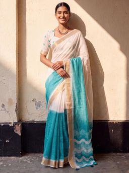 Nyri - Womens Linen Light Blue Printed Saree with Unstitched Blouse