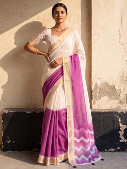 Nyri - Womens Linen Purple Printed Saree with Unstitched Blouse