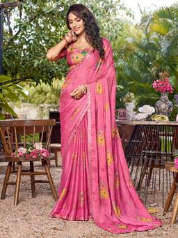 Nyri - Womens Chiffon Pink Printed Saree with Unstitched Blouse