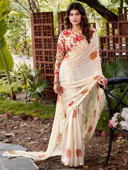 Nyri - Womens Chiffon Off White Printed Saree with Unstitched Blouse
