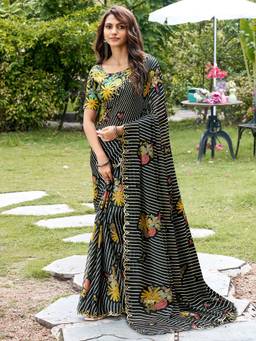 Nyri - Womens Chiffon Black Printed Saree with Unstitched Blouse