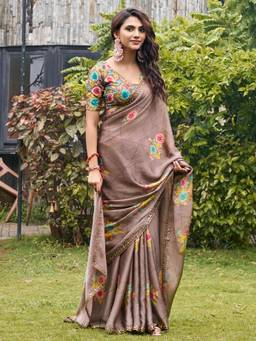 Nyri - Womens Chiffon Light Brown Printed Saree with Unstitched Blouse