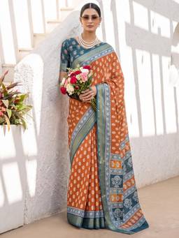 Nyri - Womens Cotton Rust Printed Saree with Unstitched Blouse