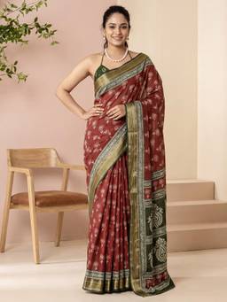 Nyri - Womens Cotton Rust Printed Saree with Unstitched Blouse