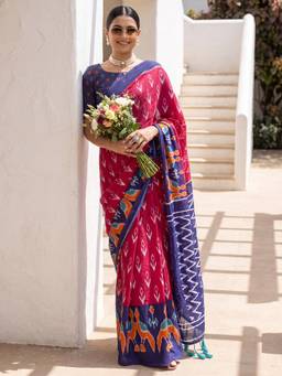 Nyri - Womens Cotton Pink Printed Saree with Unstitched Blouse
