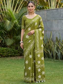 Nyri - Womens Cotton Olive Printed Saree with Unstitched Blouse
