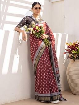 Nyri - Womens Cotton Maroon Printed Saree with Unstitched Blouse
