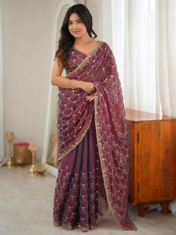 Nyri - Womens Tissue Wine Zari Embroidered Saree with Unstitched Blouse