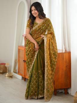 Nyri - Womens Tissue Olive Zari Embroidered Saree with Unstitched Blouse