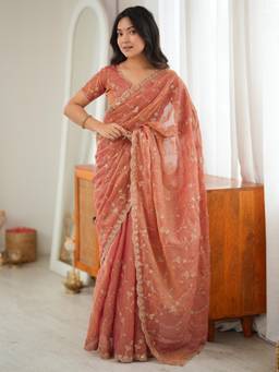Nyri - Womens Tissue Peach Zari Embroidered Saree with Unstitched Blouse