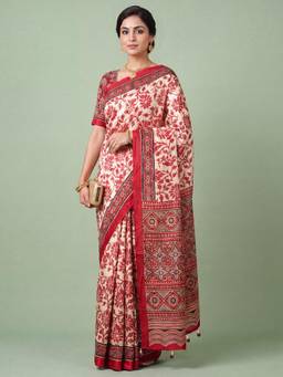 Nyri - Womens Satin Red Printed Saree with Unstitched Blouse