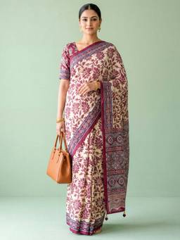 Nyri - Womens Satin Pink Printed Saree with Unstitched Blouse