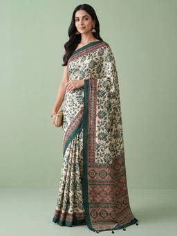 Nyri - Womens Satin Green Printed Saree with Unstitched Blouse