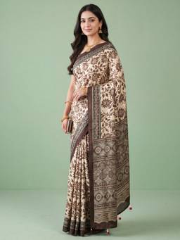 Nyri - Womens Satin Brown Printed Saree with Unstitched Blouse