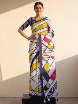 Nyri - Womens Cotton White Printed Saree with Unstitched Blouse