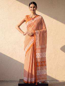 Nyri - Womens Cotton Orange Printed Saree with Unstitched Blouse