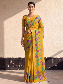 Nyri - Womens Cotton Mustard Printed Saree with Unstitched Blouse