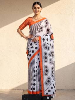 Nyri - Womens Cotton White Printed Saree with Unstitched Blouse
