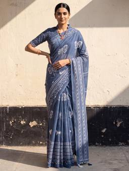 Nyri - Womens Cotton Charcoal Grey Printed Saree with Unstitched Blouse