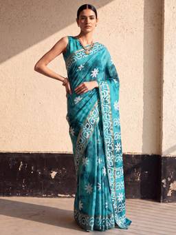 Nyri - Womens Cotton Teal Blue Printed Saree with Unstitched Blouse