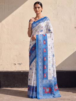 Nyri - Womens Cotton White Printed Saree with Unstitched Blouse