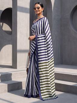 Nyri - Womens Cotton Navy Blue Printed Saree with Unstitched Blouse