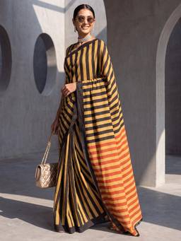 Nyri - Womens Cotton Mustard Printed Saree with Unstitched Blouse