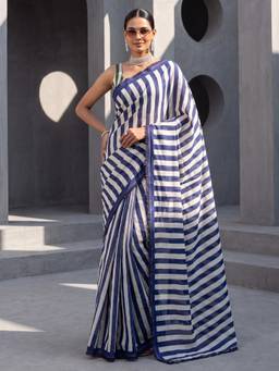 Nyri - Womens Cotton Navy Blue Printed Saree with Unstitched Blouse