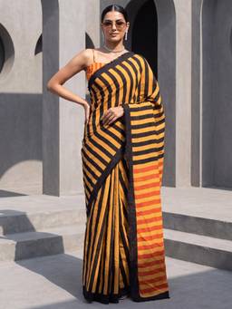 Nyri - Womens Cotton Mustard Printed Saree with Unstitched Blouse