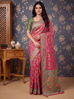 Nyri - Womens Viscose Silk Red Printed Saree with Unstitched Blouse